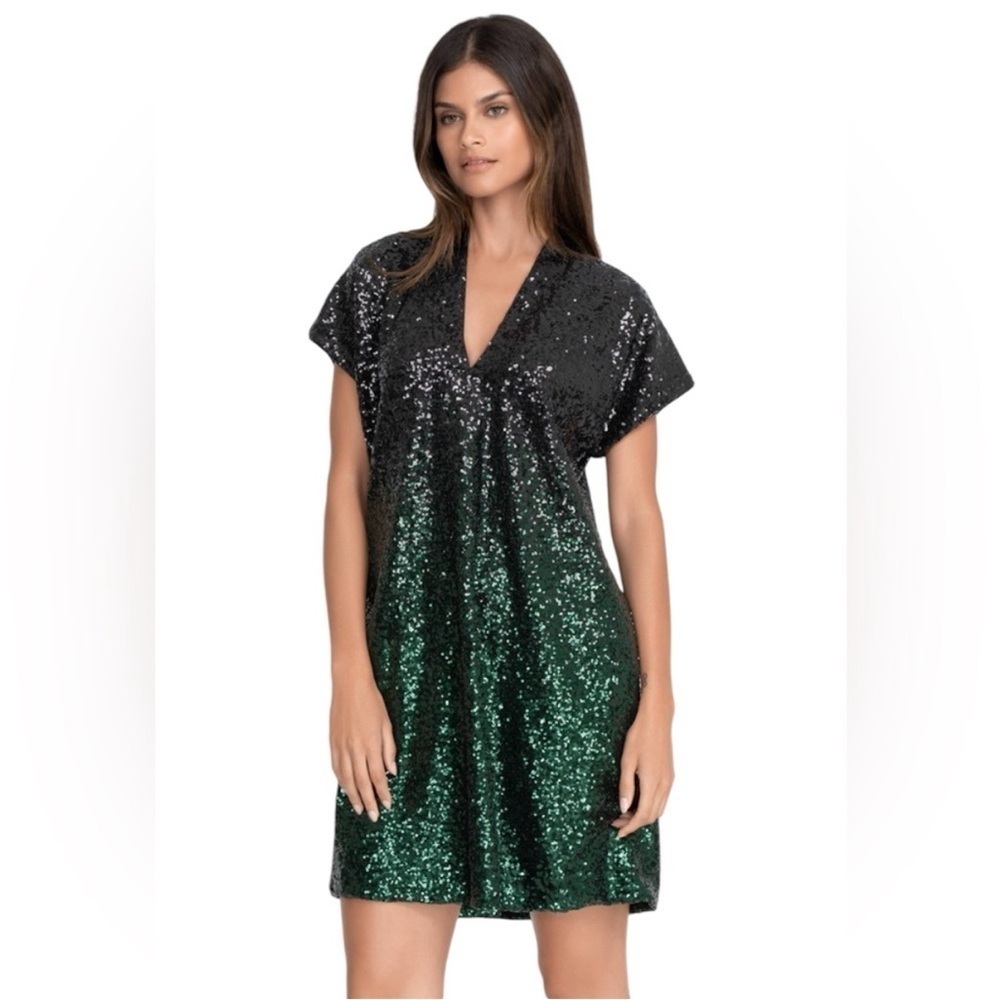 Johnny Was Ratana Ombre Black to Green Sequin Mini Dress with Pockets Size Med